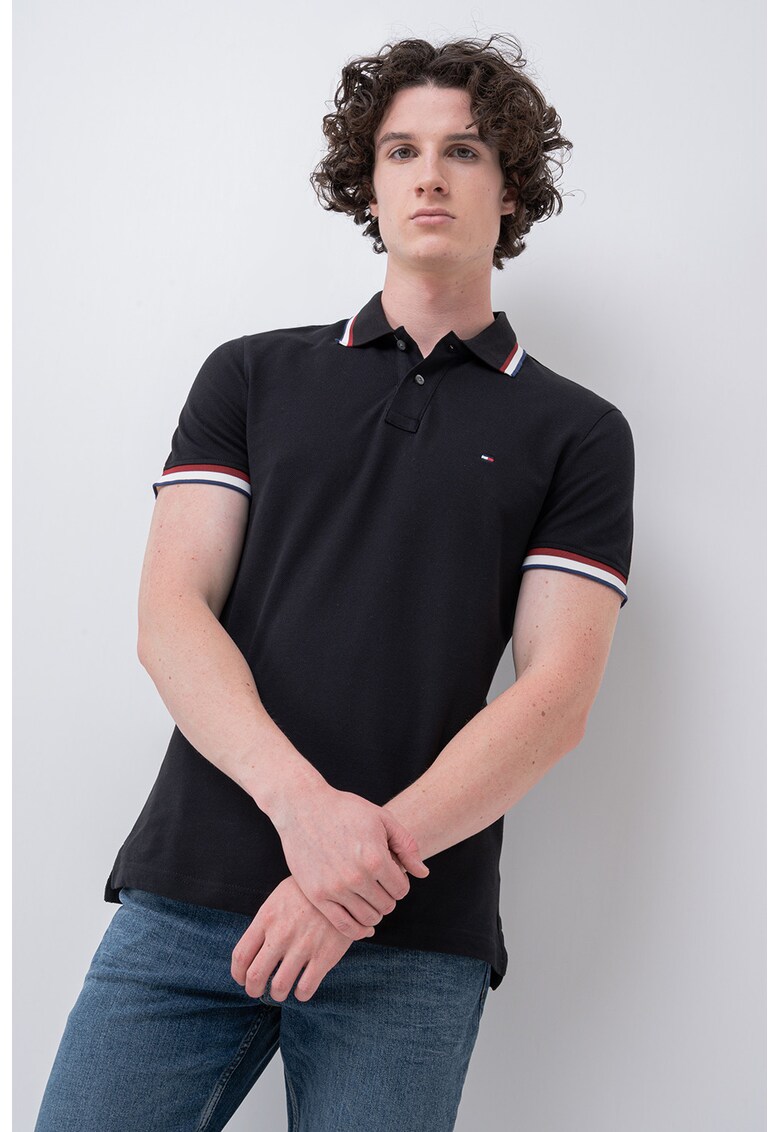 Tricou polo slim fit Cuff Interest - Negru