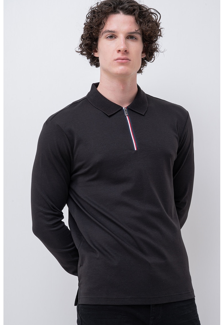 Bluza polo cu fenta cu fermoar - Negru