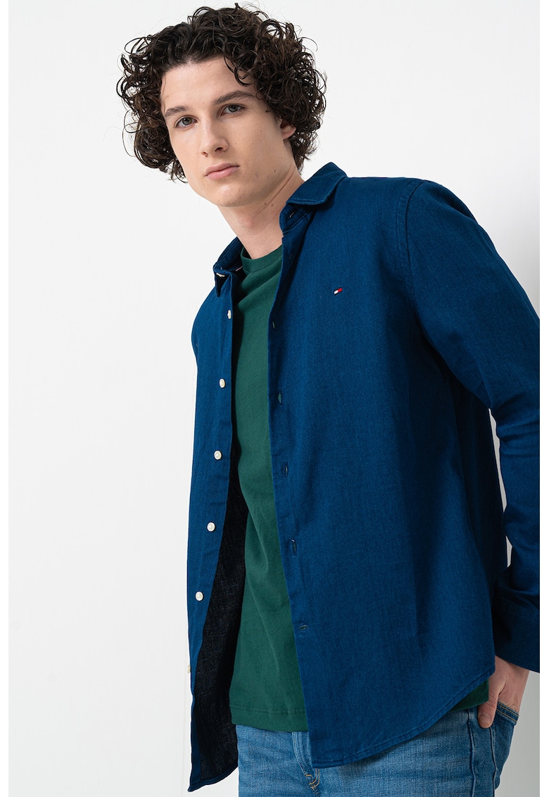 Camasa din bumbac cu model uni - Albastru indigo