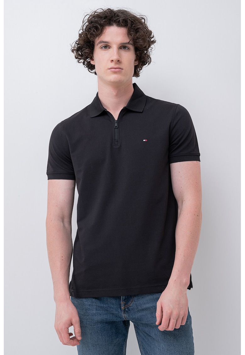 Tricou cu guler polo cu fermoar - Negru