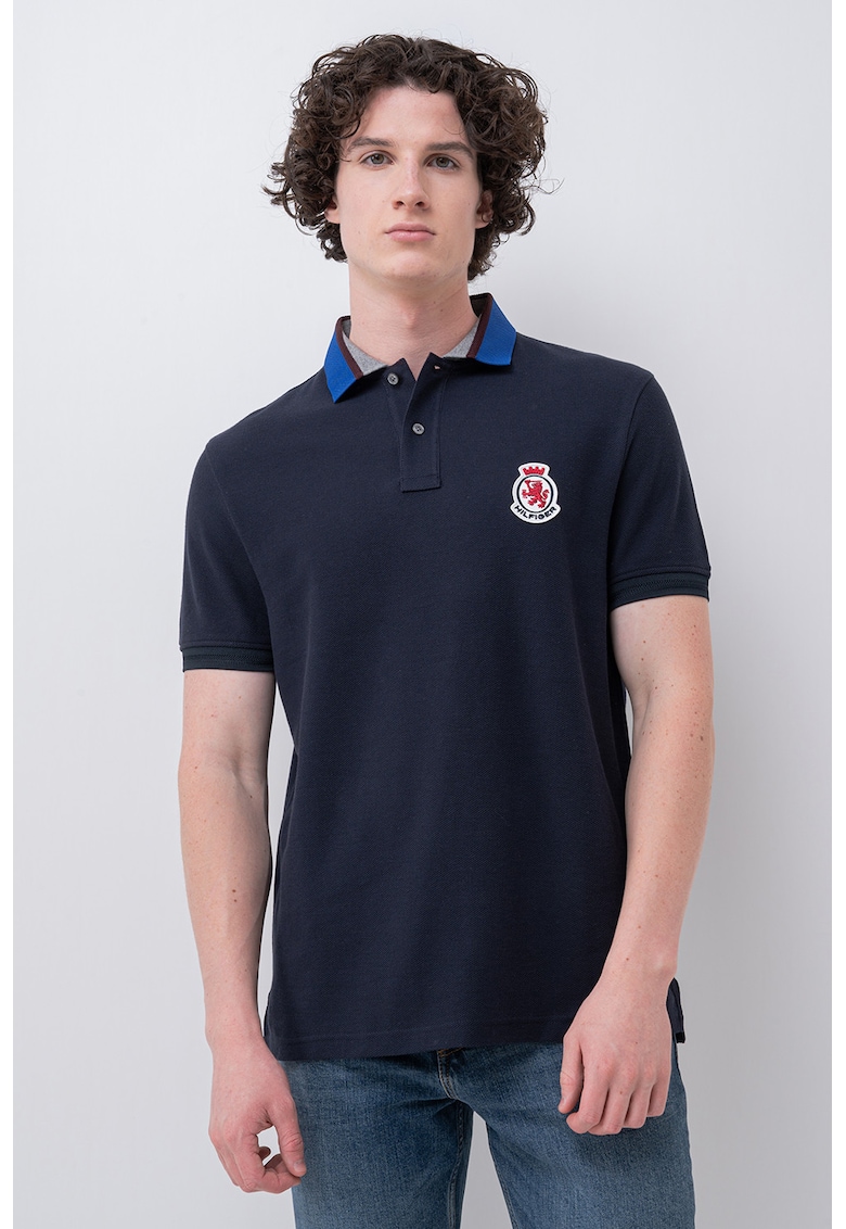 Tricou polo din bumbac organic cu aplicatie logo pe piept - Bleumarin