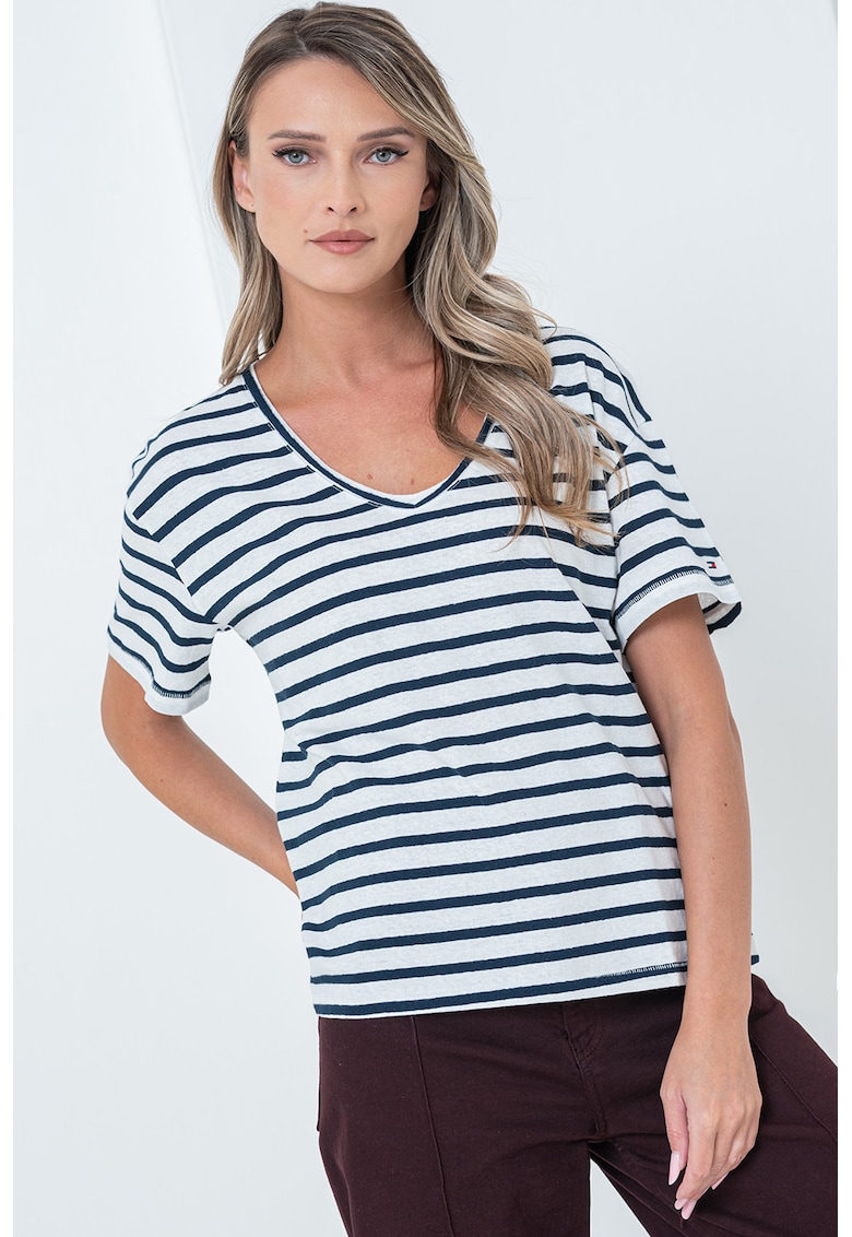 Tricou lejer din amestec de in cu model in dungi si decolteu in V - Alb murdar/Bleumarin