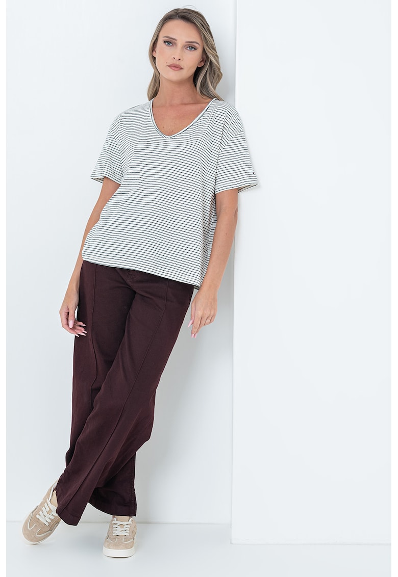 Tricou lejer din amestec de in cu model in dungi si decolteu in V - Negru/Alb murdar