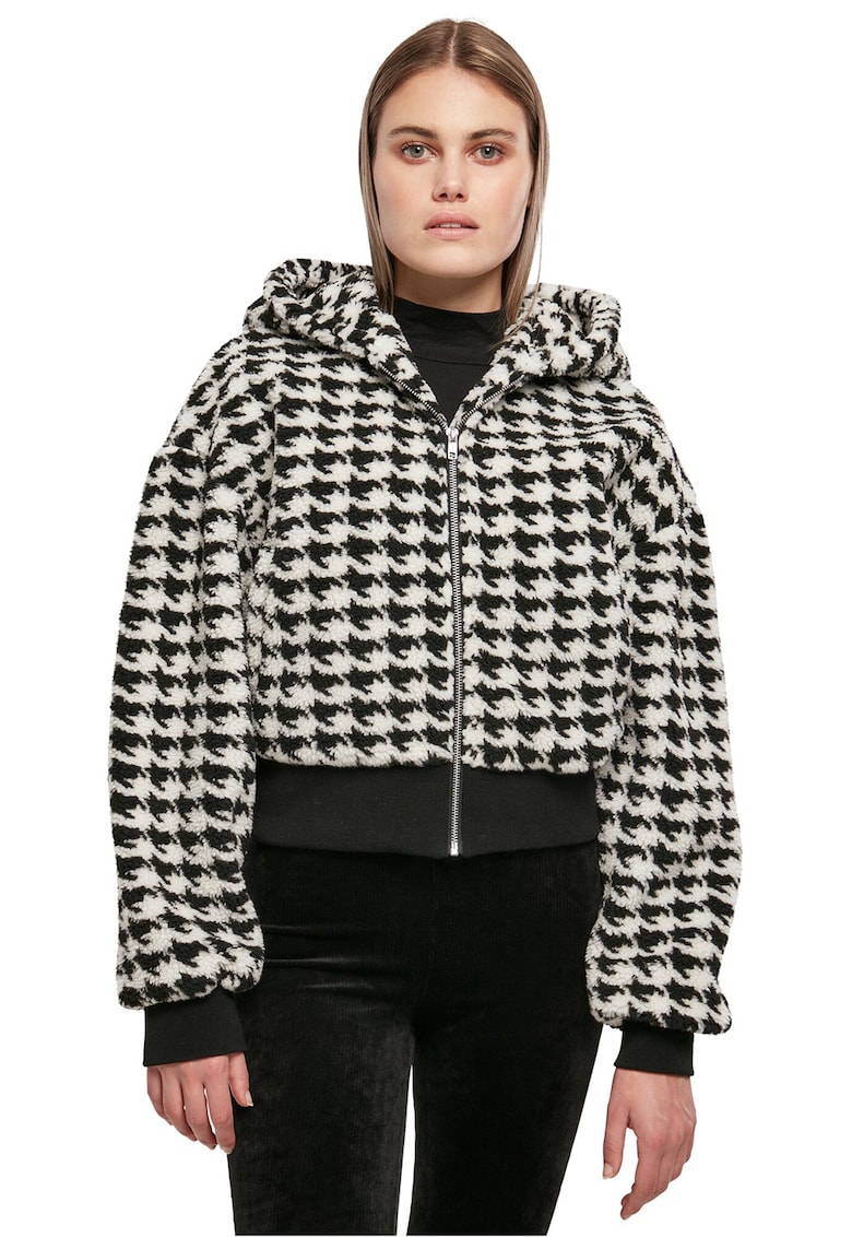 Jacheta crop cu gluga si model houndstooth - Alb/Negru