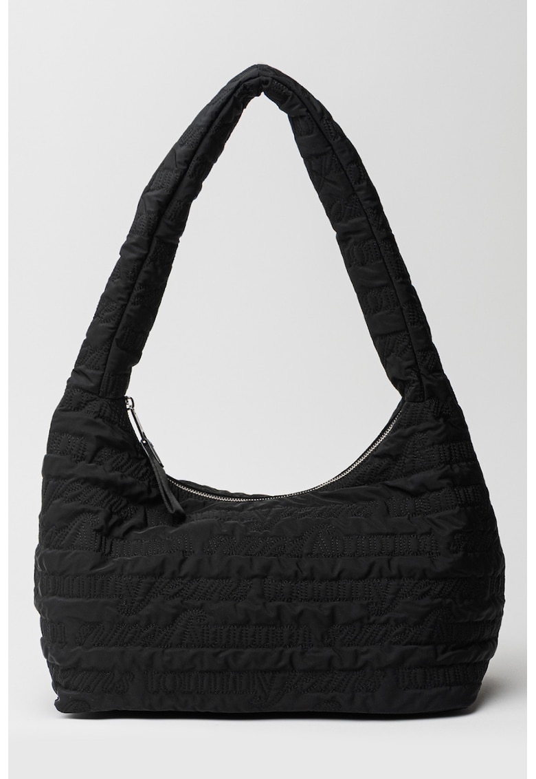 Geanta hobo din material textil cu bareta fixa de umar - Negru