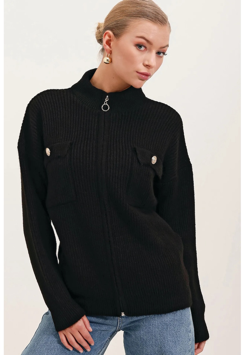 Cardigan pentru dama BigDart - guler inalt - poliester/lana/acril - Negru -