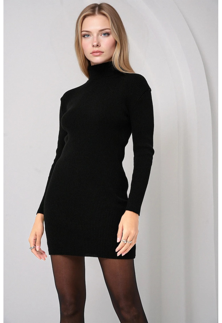 Rochie mini tricotata -  guler inalt - design texturat - tricot - Negru -