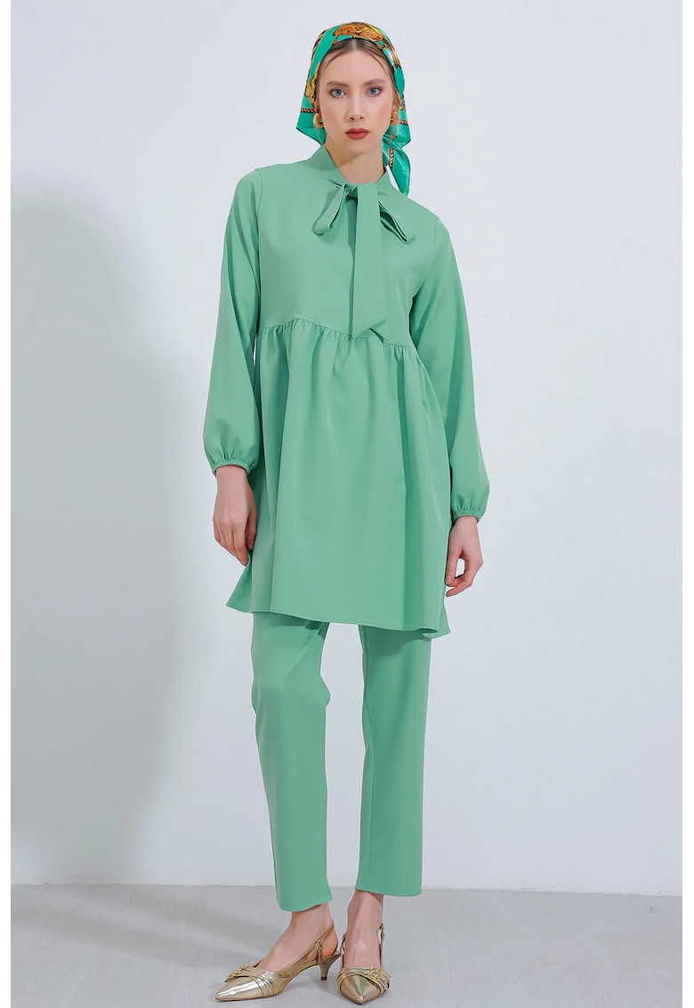 Set doua piese - HiCCUP - tunica lunga si pantaloni - guler clasic - verde - poliester