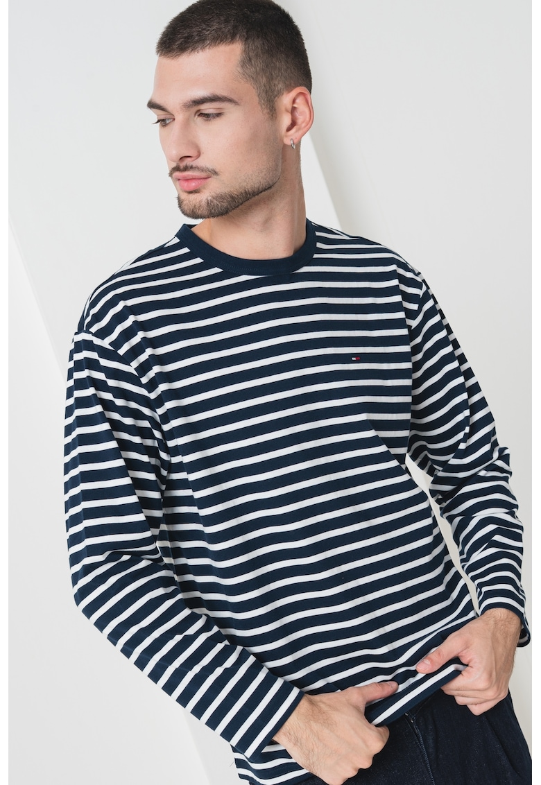 Bluza din amestec de bumbac organic cu model in dungi - Alb/Albastru ultramarin