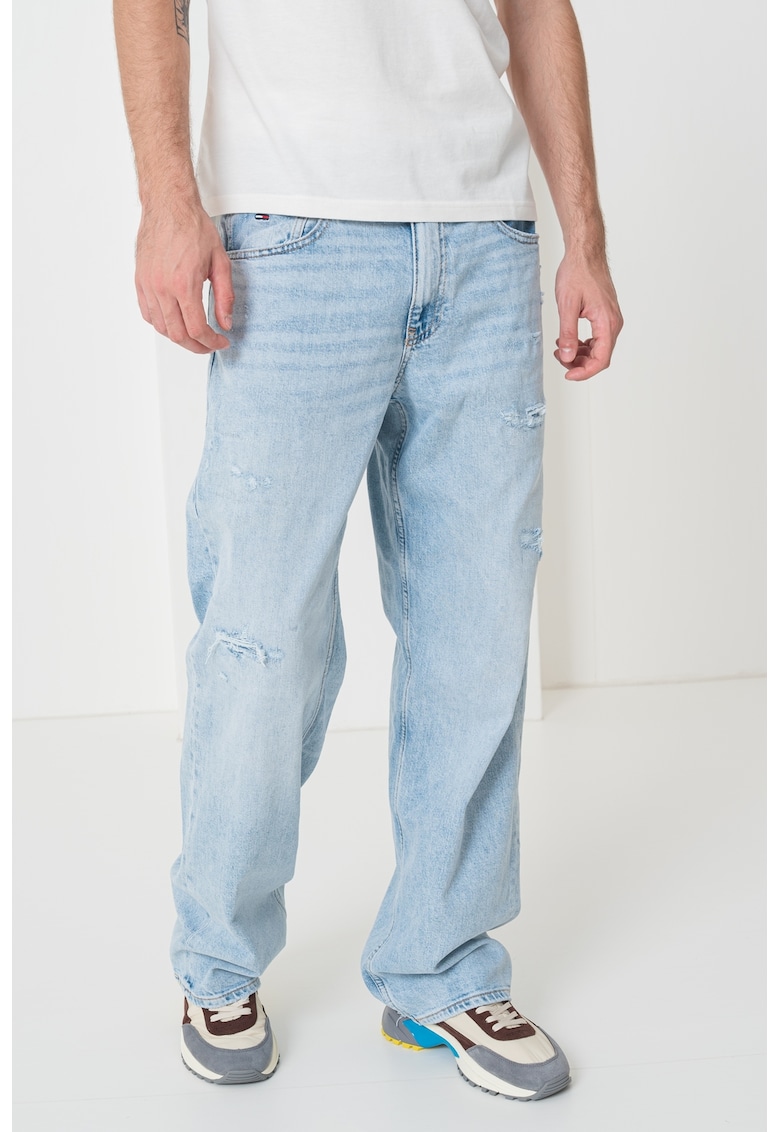 Blugi relaxed fit cu detalii cu aspect deteriorat - Albastru deschis