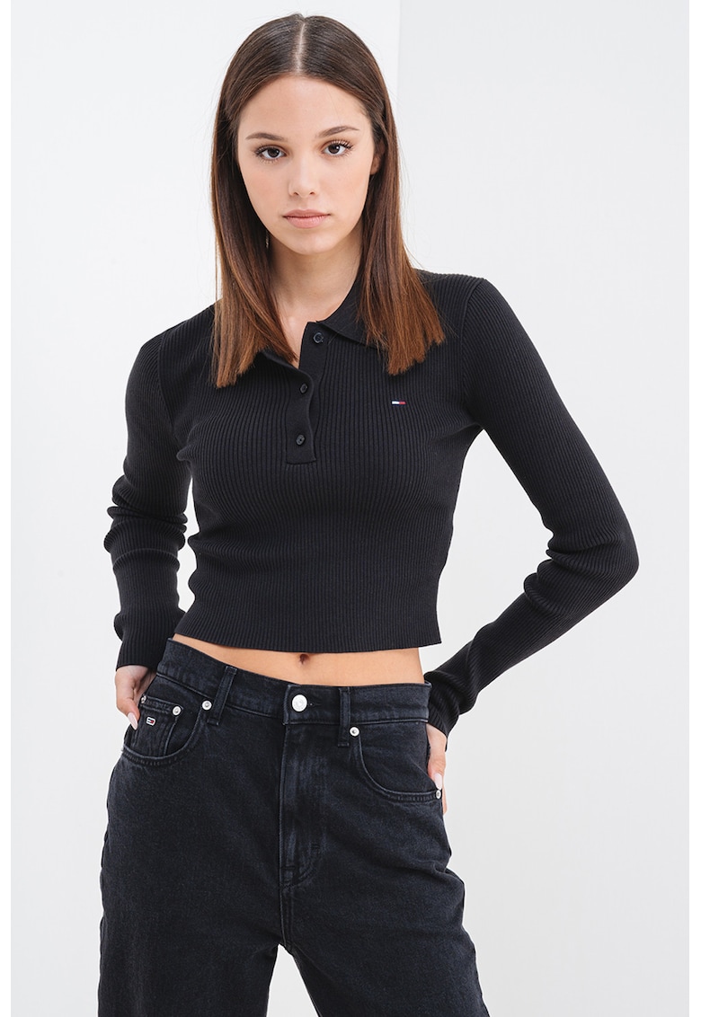 Pulover crop din amestec de bumbac organic - Negru