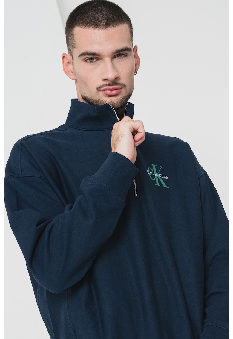 Bluza de trening cu imprimeu logo si fermoar scurt - Albastru ultramarin/Verde feriga