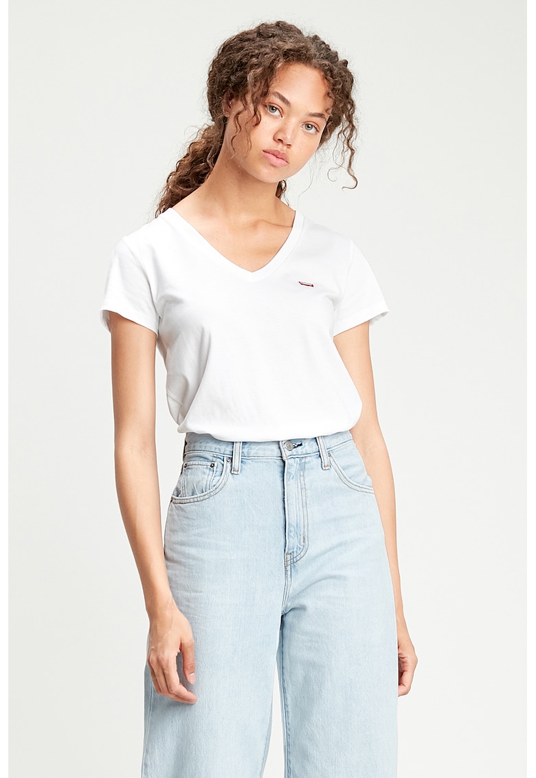Oferte la Tricou din bumbac cu decolteu in V si detaliu logo - Alb