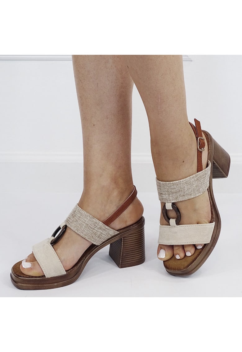 Sandale bej cu toc gros KA-73 M12 17598 - Bej