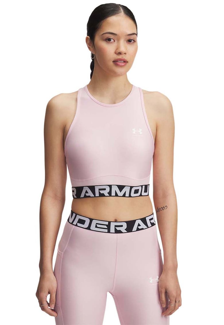 Top crop cu banda logo pentru fitness - Alb/Roz pal