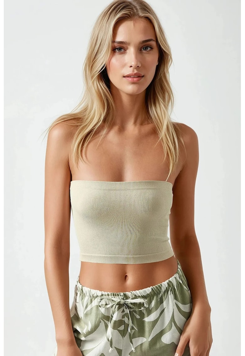 Top scurt dama -  slim fit - jerseu - fara bretele - bej