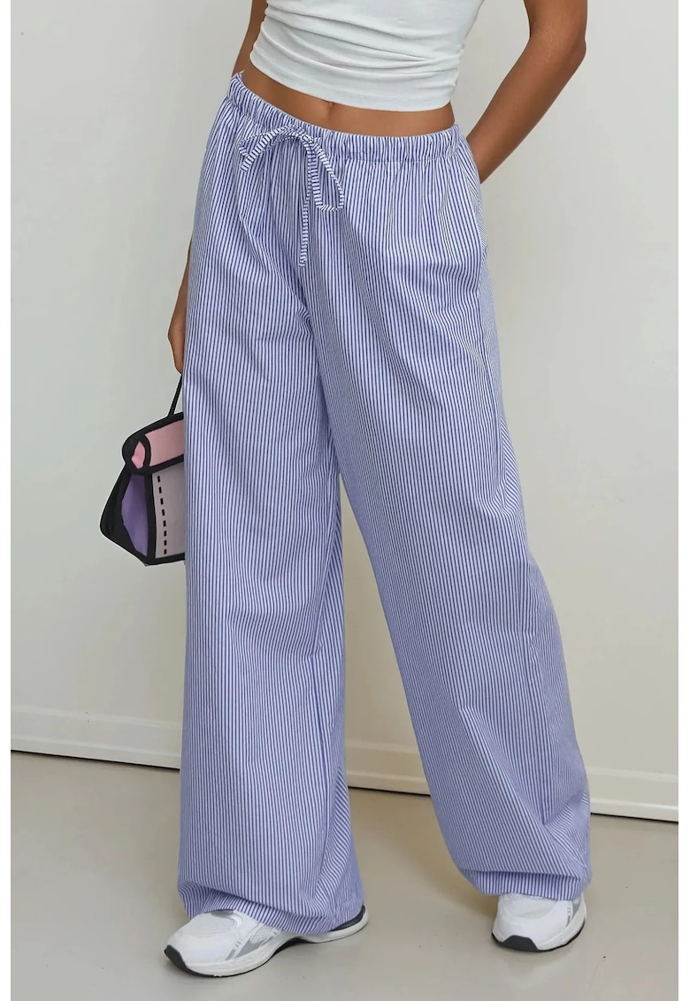 Pantaloni dama -  din bumbac cu talie elastica - dungi - albastru
