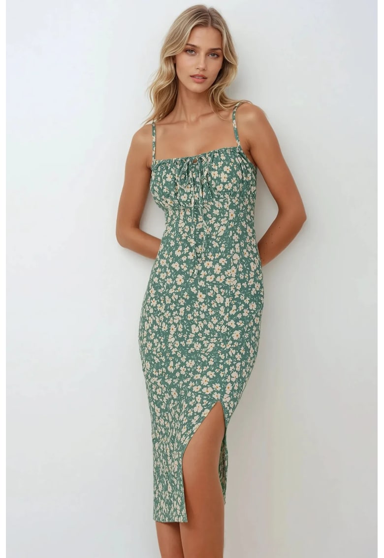 Rochie midi mulata cu imprimeu floral - Verde