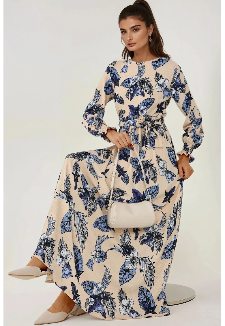 Oferte la Rochie maxi -  guler rotund - maneca lunga - bej - jerseu
