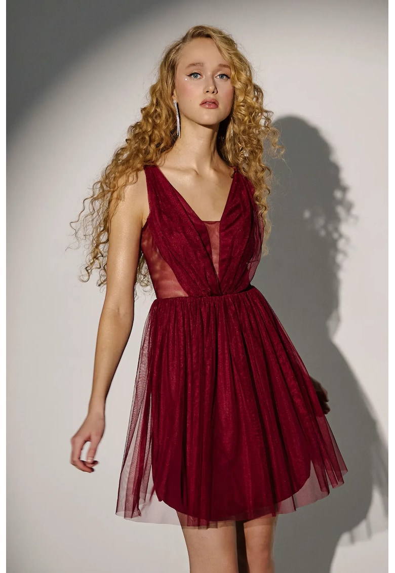 Rochie mini  decolteu in V - rosu - tul