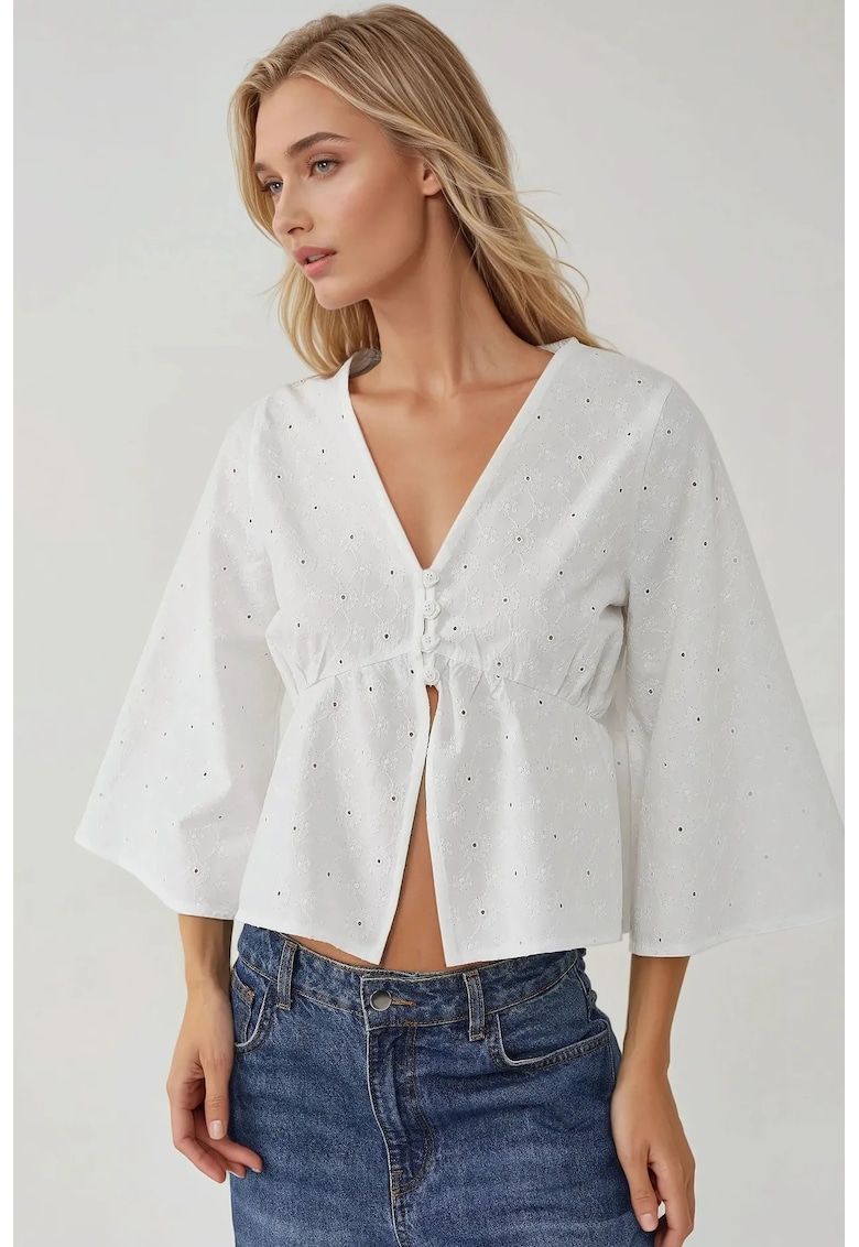 Bluza dama -  scurta texturata - decolteu in V - alb - textil
