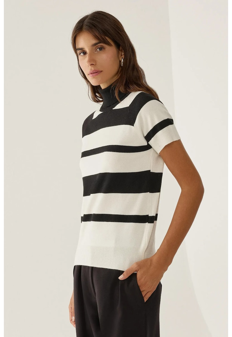 Pulover dama -  top tricotat cu guler inalt - dungi - negru - tricot