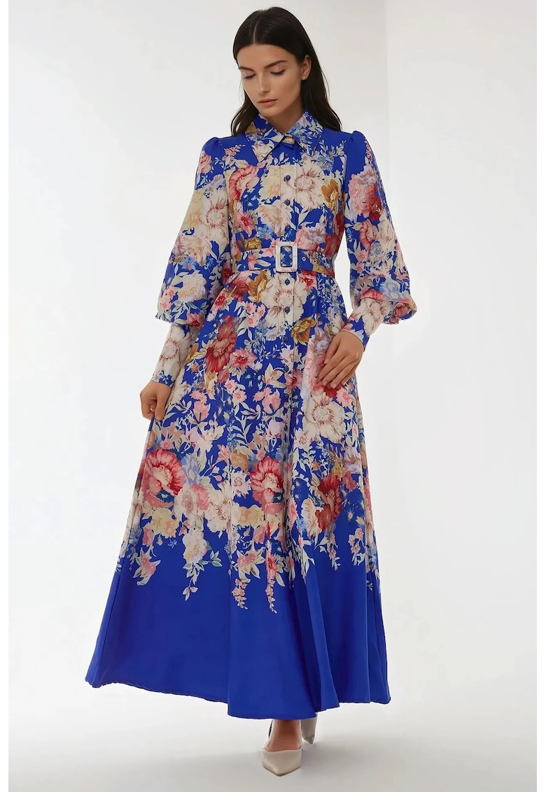 Rochie maxi  maneca lunga - imprimeu - albastru - material textil