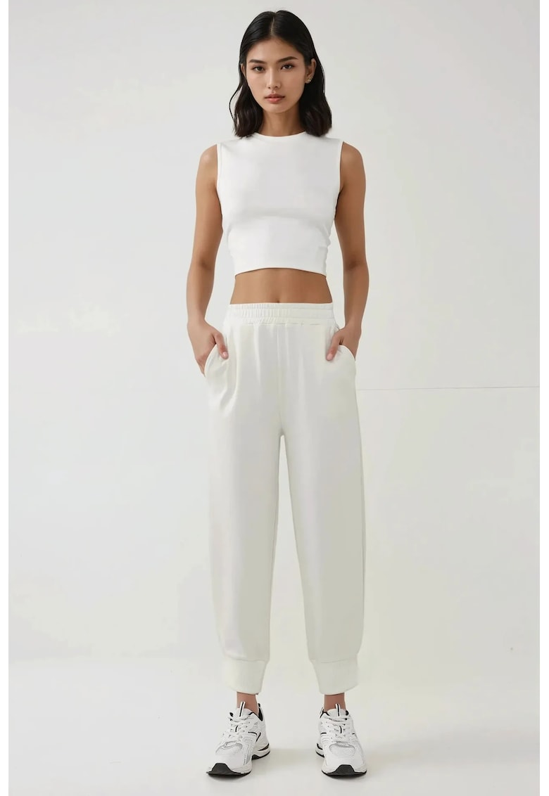 Pantaloni sport dama  talie elastica - design modern - culoare natur - material textil