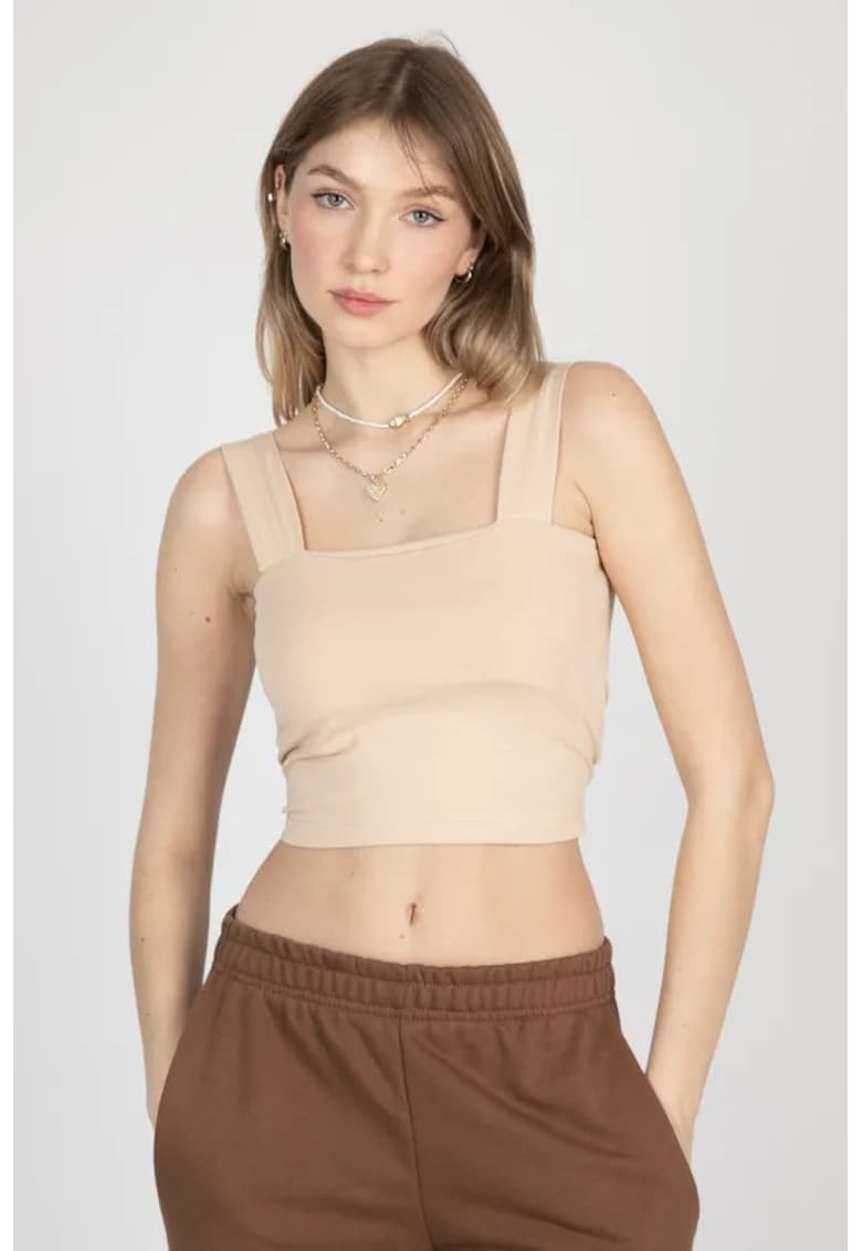 Top crop -  decolteu patrat - bej - textil