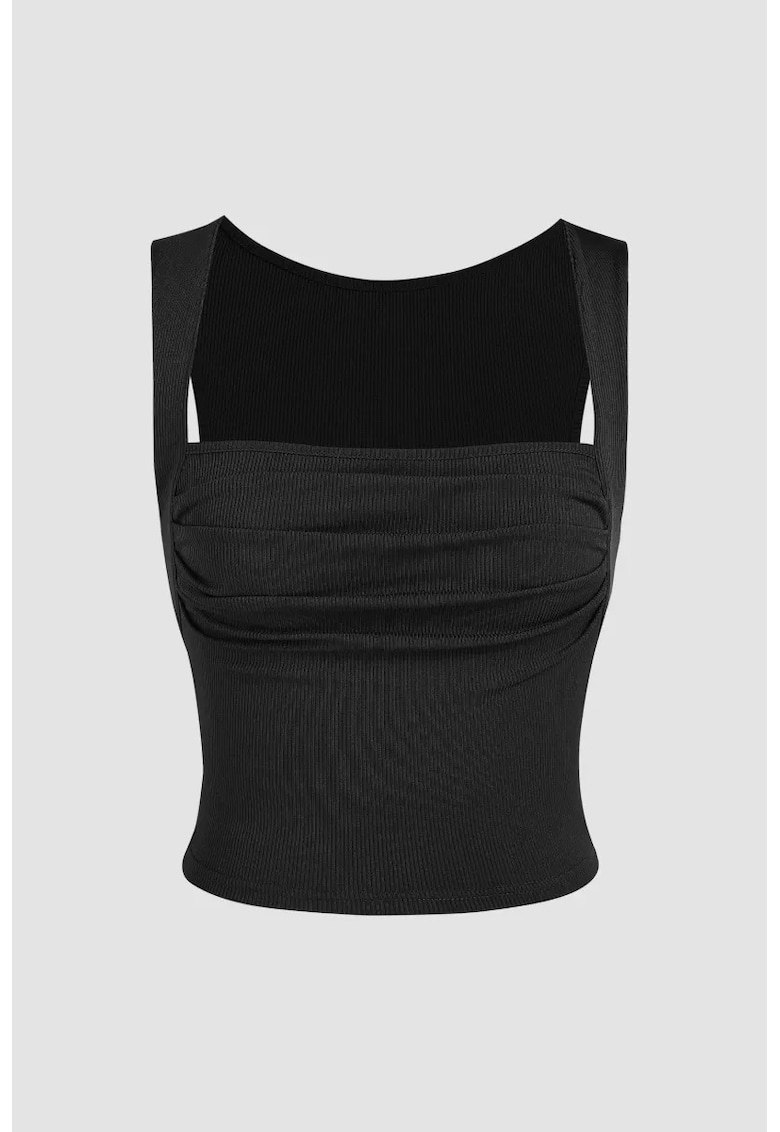 Bluza dama -  cu decolteu patrat si pliuri - negru - poliester