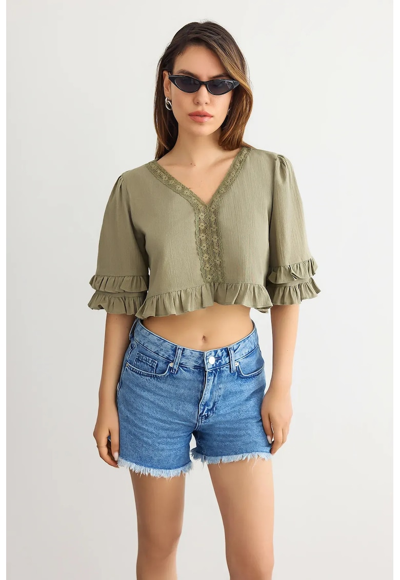 Bluza scurta -  decolteu in V - volane - verde - bumbac