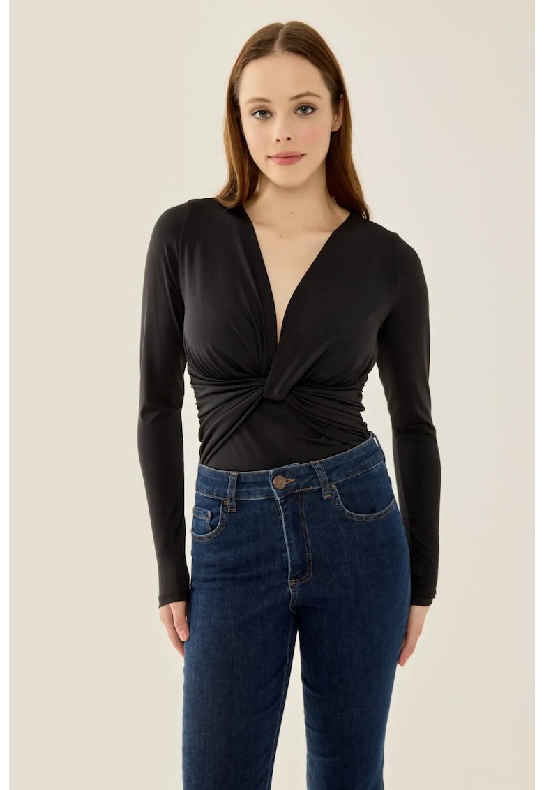 Body slim fit -  decolteu in V - negru - poliester - Negru