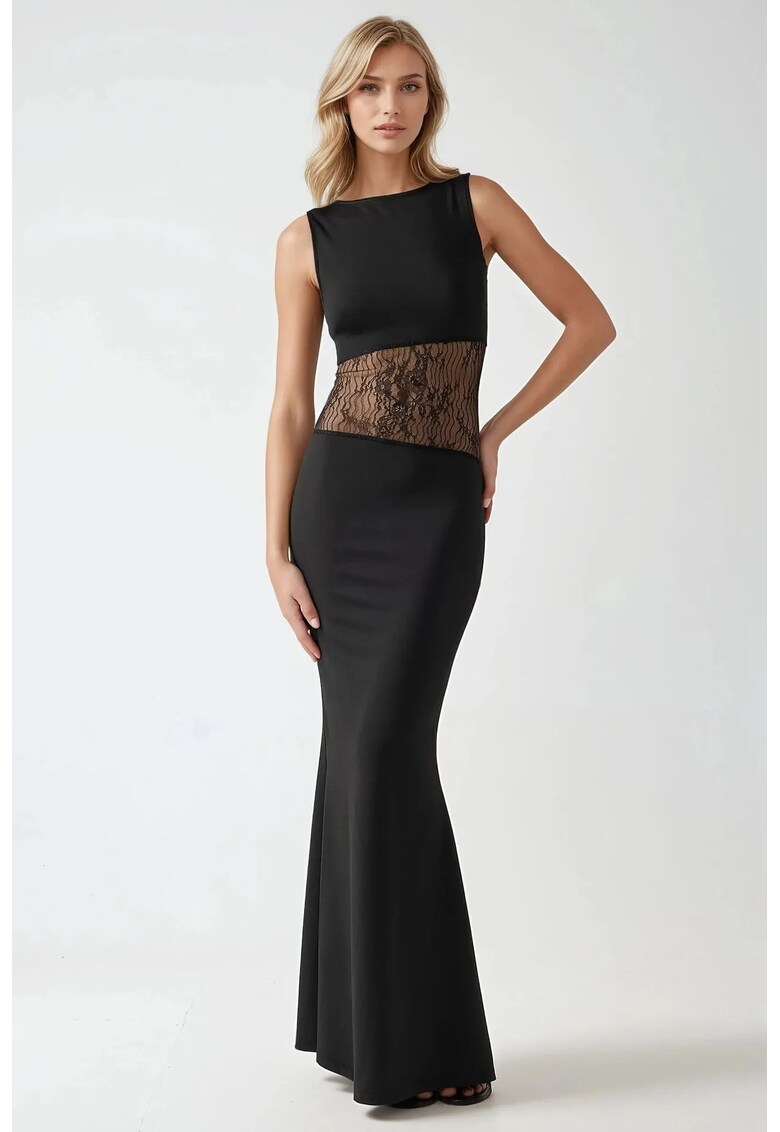 Rochie maxi -  mulata - detalii dantelate - neagra - jerseu