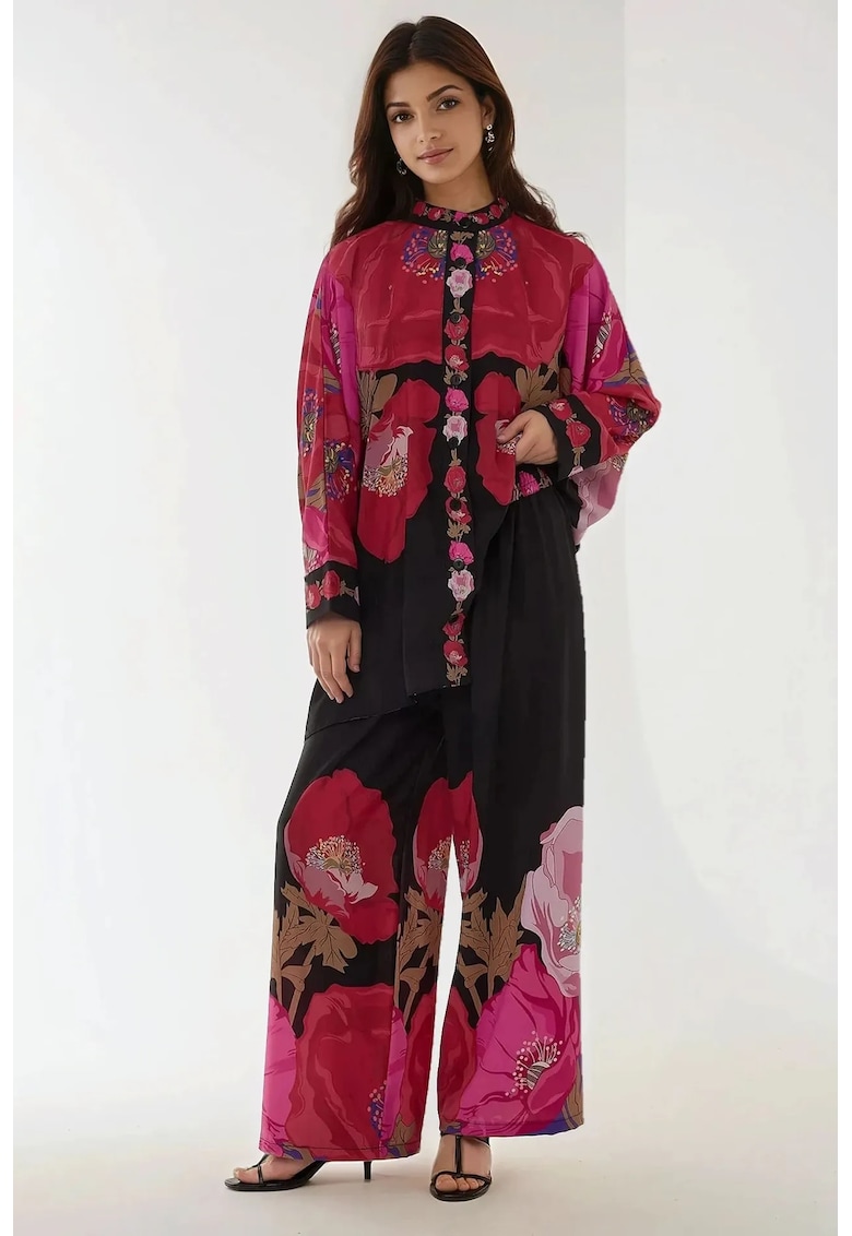 Compleu dama -  pantaloni cu talie inalta - rosu - textil