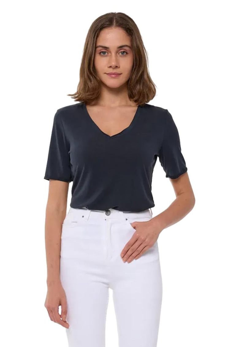 Tricou casual dama -  poliester/viscoza/elastan - decolteu in V - negru