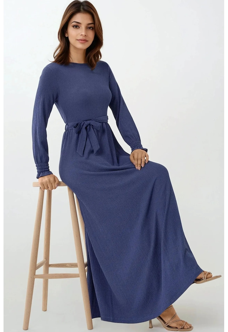 Rochie maxi -  texturata - guler rotund - albastra - jerseu