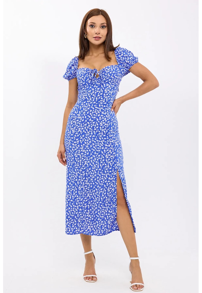 Oferte la Rochie midi -  imprimeu floral - umeri goi - albastra - textil