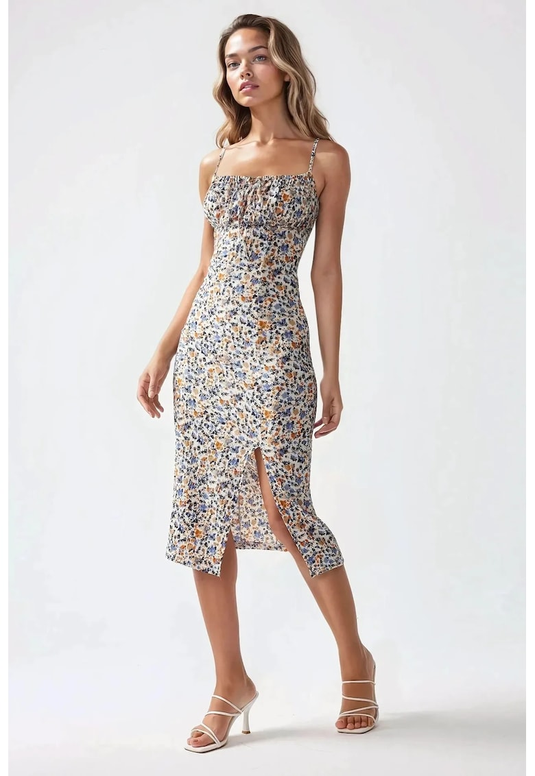 Rochie midi mulata -  imprimeu floral - crapatura - multicolor - jerseu