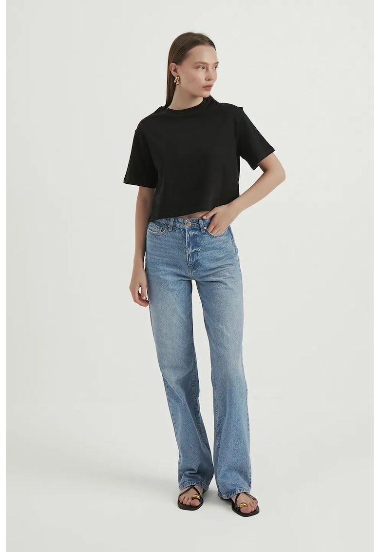 Tricou dama -  top scurt - guler rotund - jerseu - Negru -