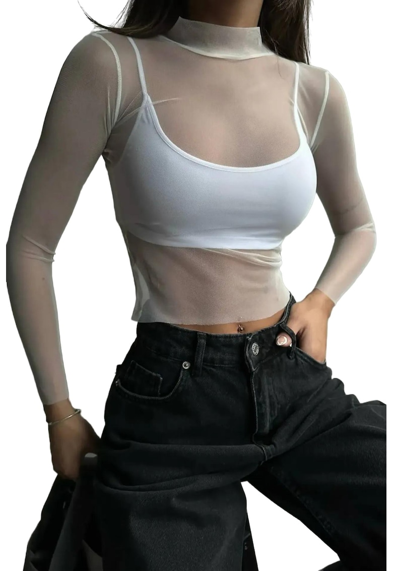 Bluza dama -  din plasa cu guler inalt - alb - material delicat