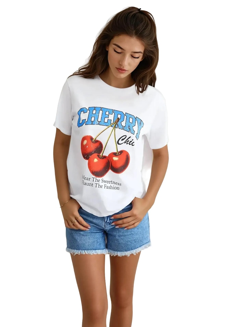 Tricou dama -  Relaxed Fit - imprimeu - alb - bumbac