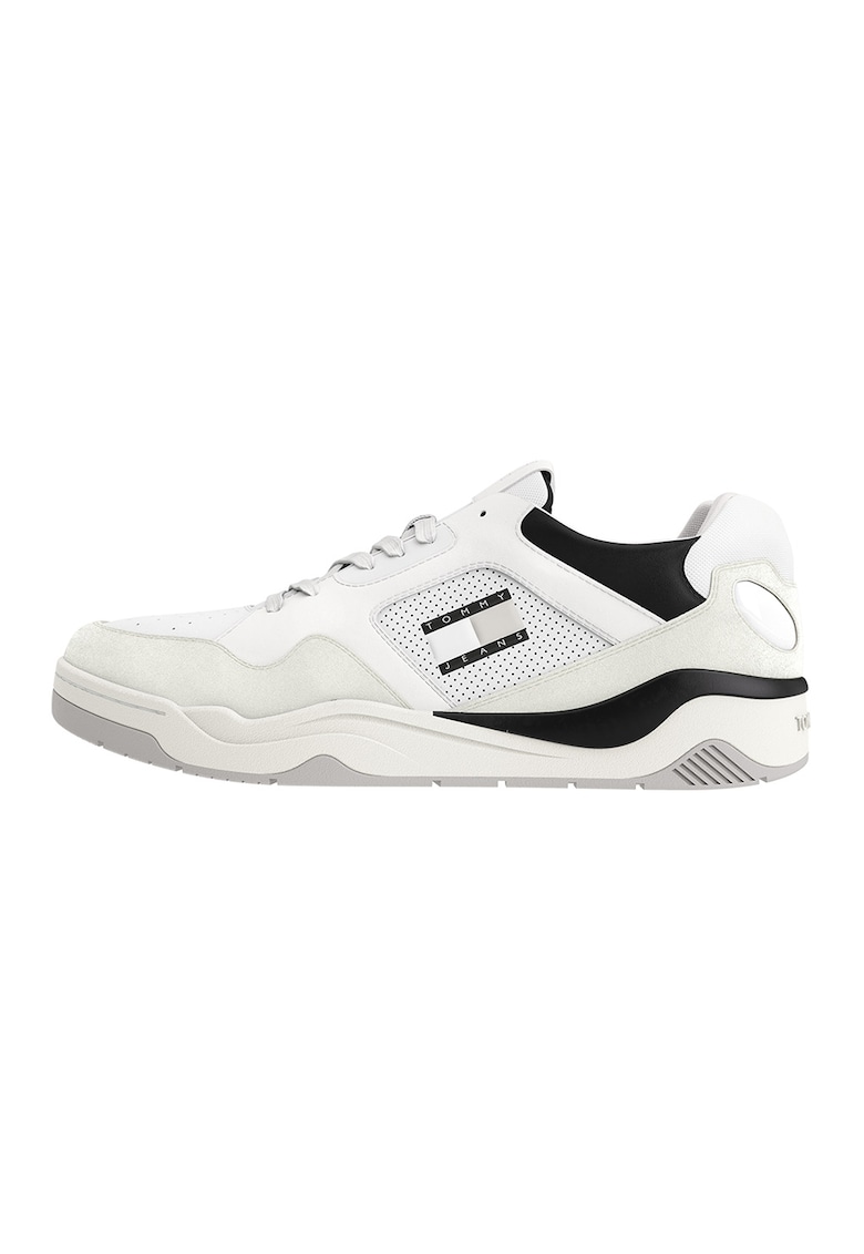Pantofi sport de piele cu insertii de piele intoarsa - Alb fildes/Negru