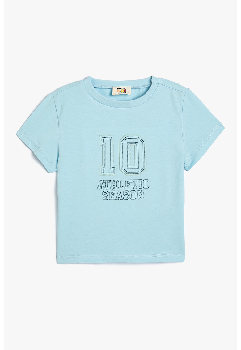 Tricou cu decolteu la baza gatului si text in relief - Albastru deschis