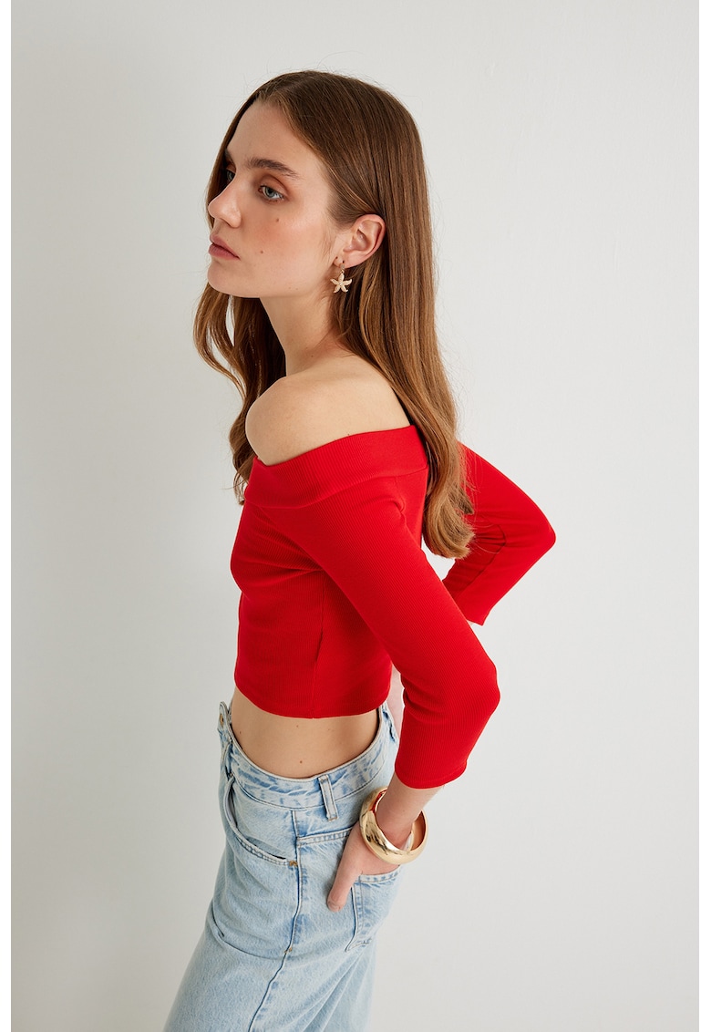 Bluza striata cu decolteu pe umeri si maneci 3/4 - Rosu vermillion