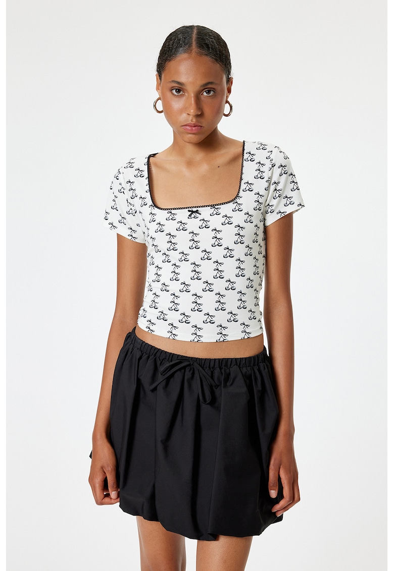 Tricou crop cu imprimeu cu fructe si decolteu patrat - Alb/Gri carbune
