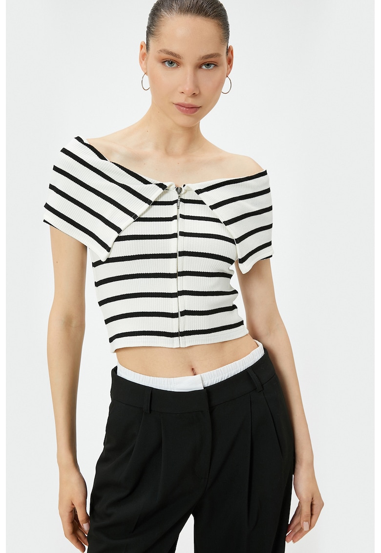 Bluza crop cu dungi si decolteu pe umeri - Alb/Negru