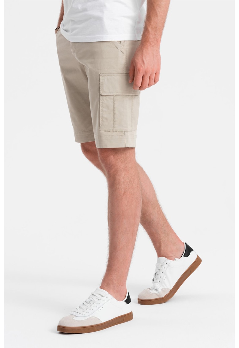 Pantaloni scurti cargo din amestec de bumbac cu buzunare multiple - Crem