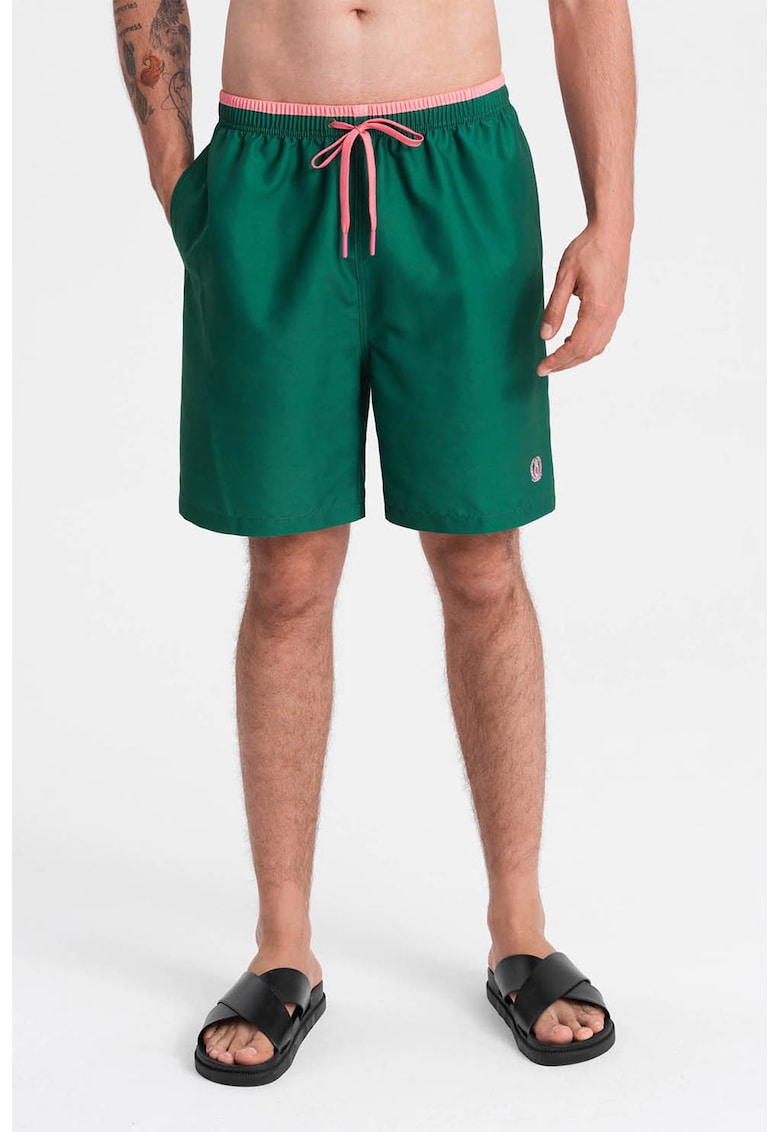 Pantaloni scurti de baie cu model uni si snur de ajustare in talie - Verde englez