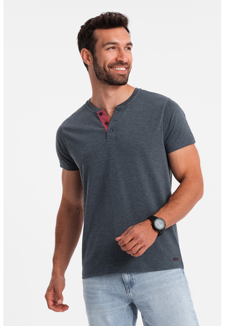 Tricou cu model uni si decolteu henley - Albastru prafuit