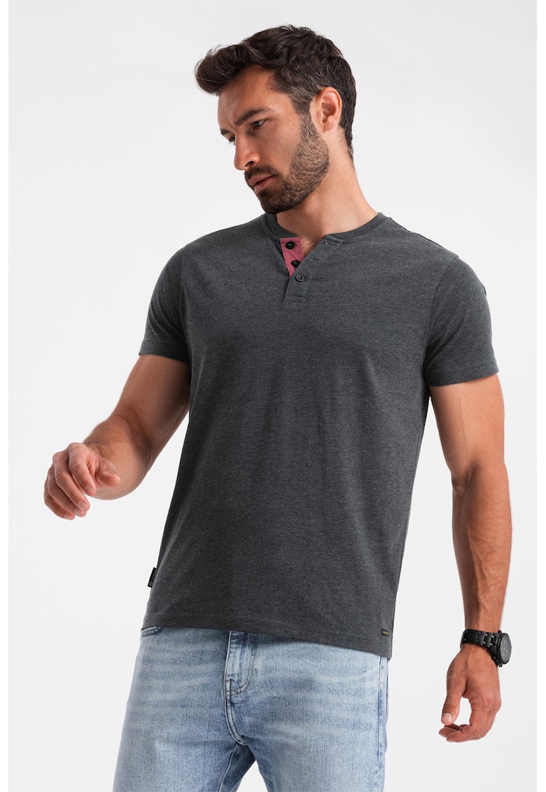 Tricou cu model uni si decolteu henley - Negru stins